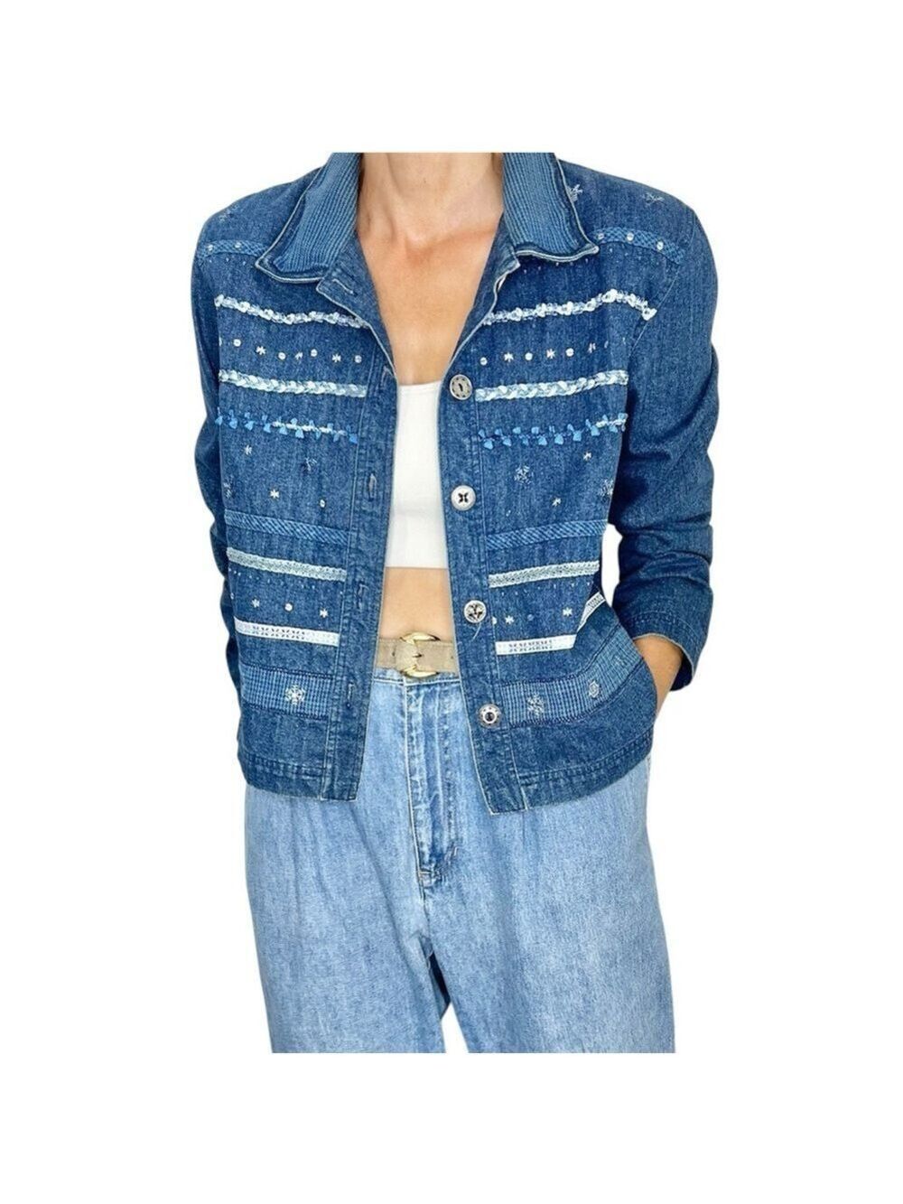 Vintage 80s 90s embroidered boxy grandma cottagecore denim blue jean jacket M